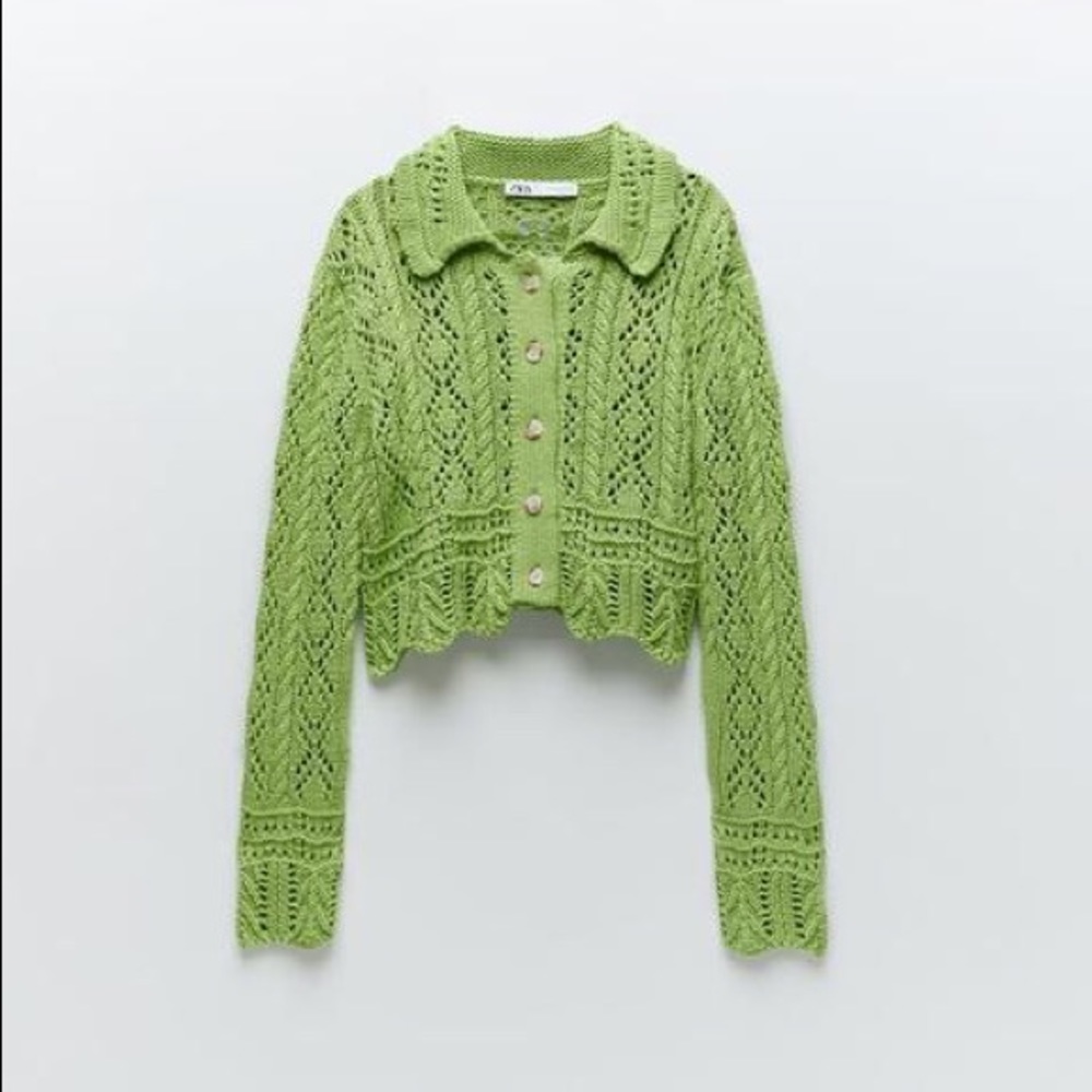 Zara Green Pointelle Knit Cardigan